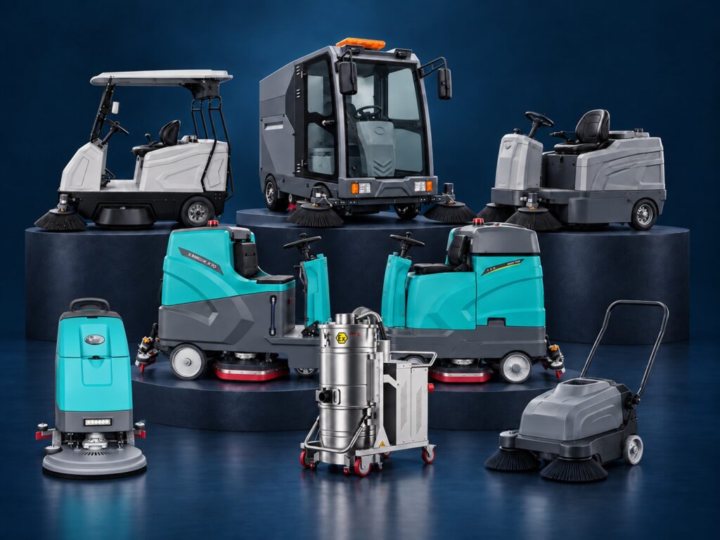 MRCH eight cleaning machines on a navy display stage