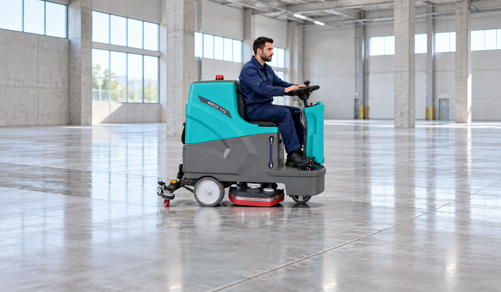MRCH ride-on floor scrubber on a concrete floor — application illustration