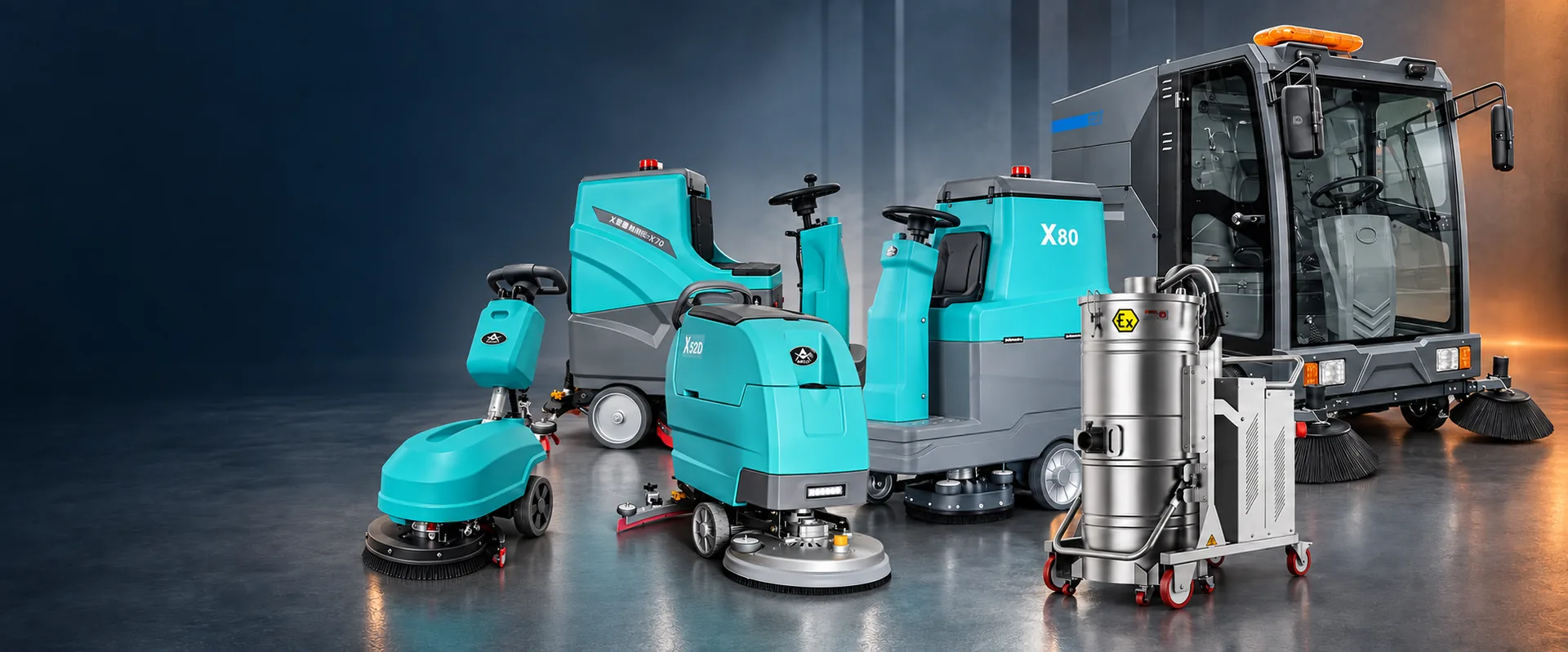 MRCH floor scrubbers, road sweeper and industrial vacuum cleaner arranged in a product lineup